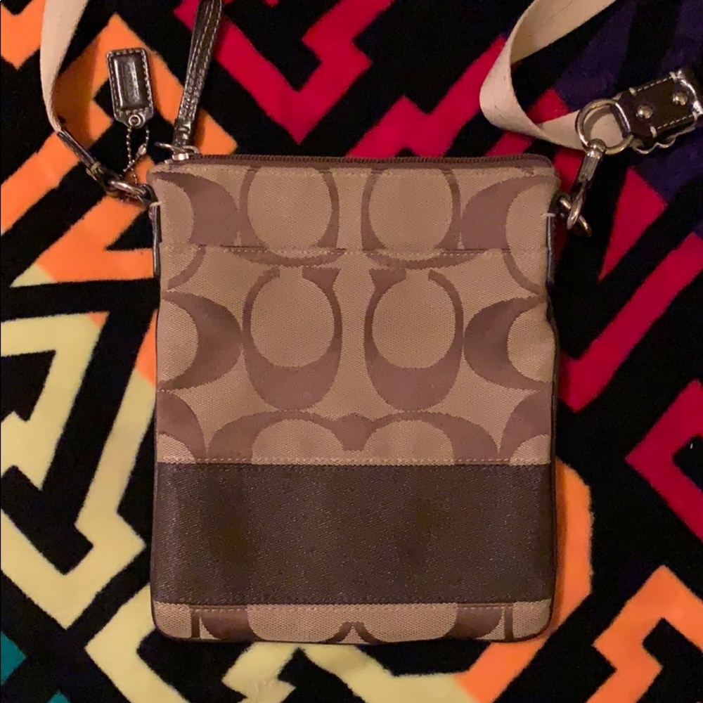 Coach tan and brown monogram small crossbody EUC